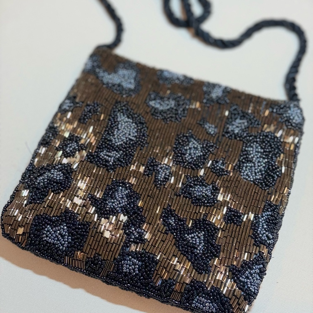 Vintage La Regale Beaded Leopard Evening Bag 1985 Black Bronze Mini Purse